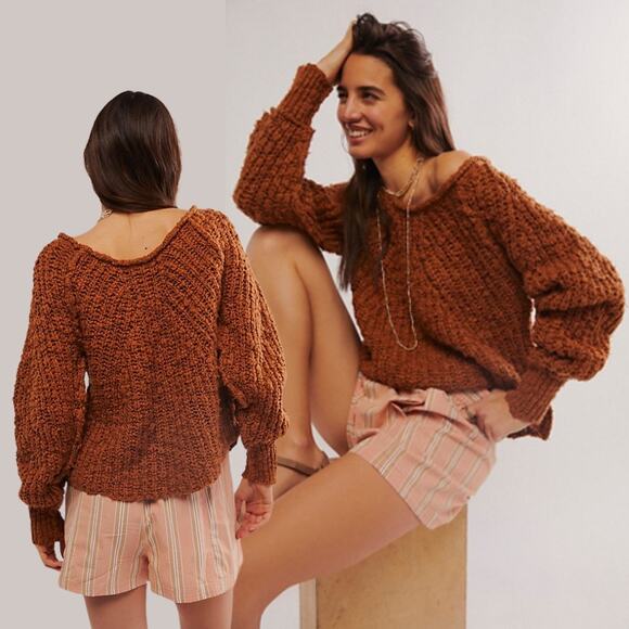 NEW Free People In A Swirl Chunky Pullover Sweater Cinnamon Brown Blouson Sleeve - Picture 1 of 10